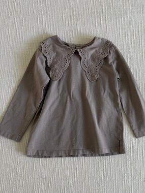 Zara Girls' Long-Sleeve Top with Scalloped Eyelet Collar - Brown